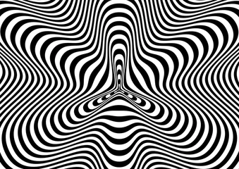 Abstract hypnotic pattern with black-white striped lines. Psychedelic background. Op art, optical illusion. Modern design, graphic texture. © Divin
