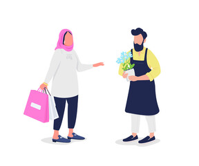 Muslim woman buying flowers from florist flat color vector faceless characters. Shopping for bouquets. Flower shop retail service isolated cartoon illustration for web graphic design and animation