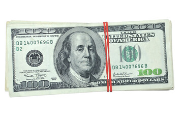 A stack of one hundred dollars on white background.  100 USD. Top view . Isolated pile 