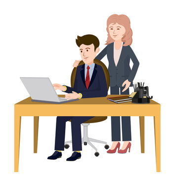 Employees in the office. Teamwork in the office. Vector image of people for animation. Editable strokes. All the details are on separate layers with names.