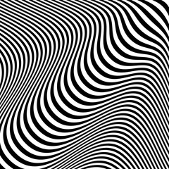 Abstract wave pattern with black-white striped lines. Creative background. Op art, optical illusion. Modern design, graphic texture.