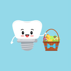Easter tooth dental implant icon isolated. Orthodontist dentistry tooth character with easter basket. Flat design cartoon vector clip art dental kid illustration.
