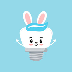 Easter tooth dental implant icon isolated. Orthodontist dentistry tooth character with easter bunny ears. Flat design cartoon vector clip art dental kid illustration.