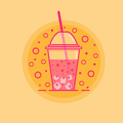 Vector glass of pink juice with ice cubes in plastic cup juice straw isolated on orange background. Summer fresh drink. Cartoon style vector illustration.