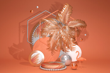 Cylinder bright orange abstract minimal stand with geometric platform and flamingo. Summer style background 3d rendering with podium and palm. Cylinder pedestal to show cosmetic product