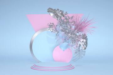 3D spring flower against background blue pastel color with geometric shape podium for product display, minimal concept, Premium illustration floral elements.