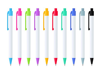 Set of automatic ballpoint pens in white case with multicolored buttons. Vector illustration