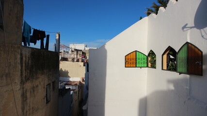 A rooftop garden through stainglass windows