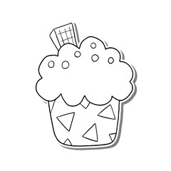 Black line cupcake on white silhouette and gray shadow. Hand drawn cartoon style. Doodle for coloring, decoration or any design. Vector illustration of kid art.