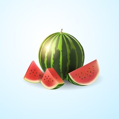 Set of sliced ripe red watermelon in 3d realistic detailed vector isolated in white background. Vector illustration.