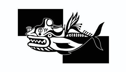 Black and white abstract drawing of a whale.Isolated on a black and white background.