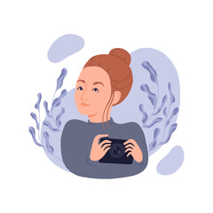 Young woman with a camera in her hands. Girl photographer on a background of plants. Isolated vector illustration on white background.