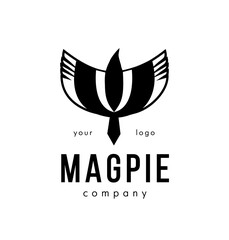 Magpie logo. Iconic sign. The bird takes off. The brand name of the company. Minimalistic drawing of a bird. Form style. Corporation symbol