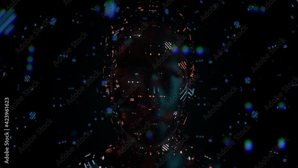 Poster technology 3d render of a head surrounded with abstract graphic elements as particles. artificial in