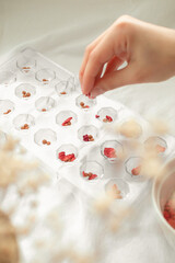 Making homemade chocolate, confectioner puts ingredients into plastic transparent molds