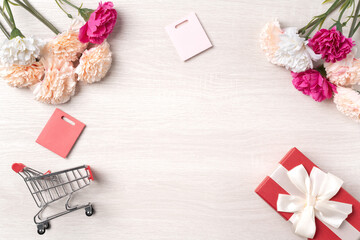 Design concept of Mother's Day greeting with carnation flower and holiday gift idea.