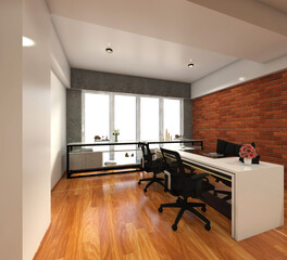 Interior of office room design in modern and retro style. Using minimalist director's desk, parquet flooring and natural wall brick. Luxurious workspace with big open window. 