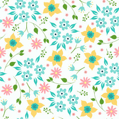 Fototapeta na wymiar Seamless pattern with flowers and leaves. Vector graphics.