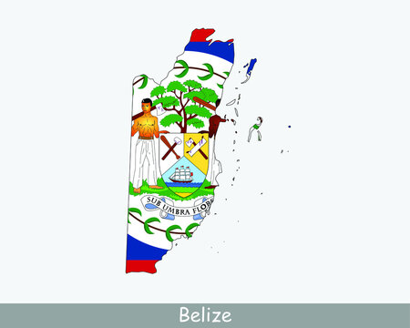 Belize Map Flag. Map of Belize with the Belizean national flag isolated on white background. Vector illustration.