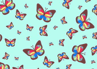 Multicolored butterflies on a blue background. Trendy illustrated vector drawing for corporate identity, stationery, packaging and wallpaper. Minimalistic butterfly background. Butterfly forms.