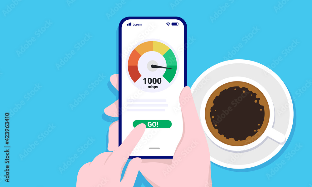 Aufkleber internet speed test on smartphone - hand holding phone testing the speed of network. vector illustra
