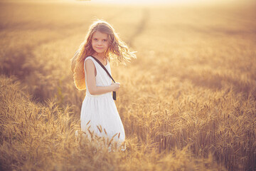 Fototapeta na wymiar Little girl walking in sunset wheat field