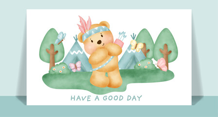 Watercolor cute boho teddy bear in the forest greeting card.