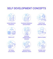 Self development blue gradient concept icons set. Avoid negative thought. Leave comfort zone. Personal improvement idea thin line RGB color illustrations. Vector isolated outline drawings