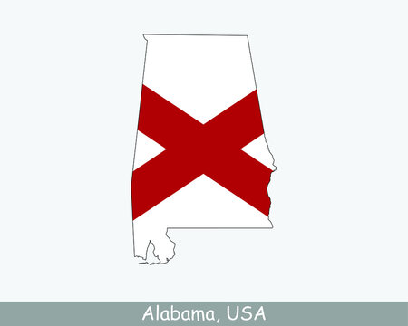 Alabama Map Flag. Map of Alabama, USA with the state flag of Alabama isolated on white background. United States, America, American, United States of America, US, AL State. Vector illustration.