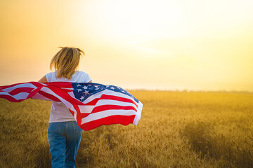 Woman running and jumping carefree with open arms over wheat field Holding USA flag