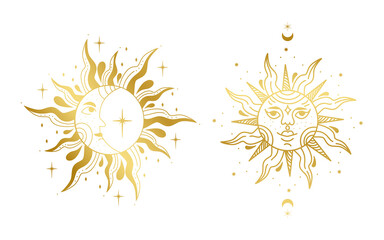 Vector illustration of sun and moon. Graphic design. Golden gradient.