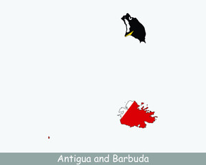 Antigua and Barbuda Map Flag. Map of Antigua and Barbuda with the national flag of Antigua and Barbuda isolated on white background. Vector illustration.