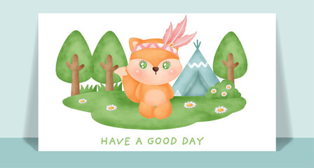 Watercolor cute boho fox in the forest greeting card.