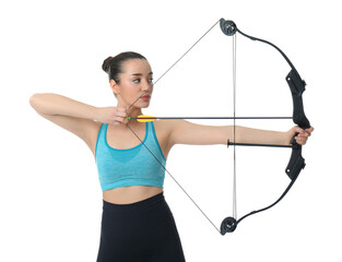 Sporty young woman practicing archery on white background