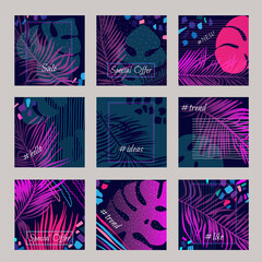 Neon summer square banner set with tropical leaves.  Templates for posts and Stories. Sale  web banner/ Doodle vector illustration