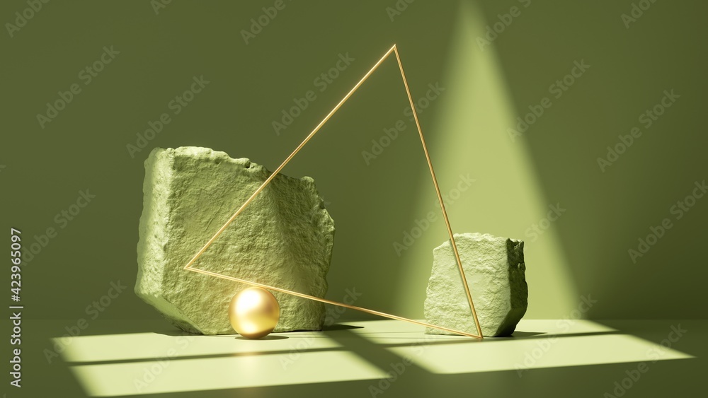 Poster 3d render, abstract green background with shadows and bright sunlight. minimal scene with cobbleston