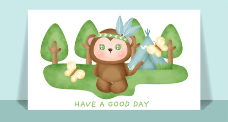 Watercolor cute boho monkey  in the forest greeting card.