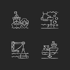 Maritime industry chalk white icons set on black background. Search and rescue provision. Underwater welding. Marine construction industry. Anchored ship. Isolated vector chalkboard illustrations