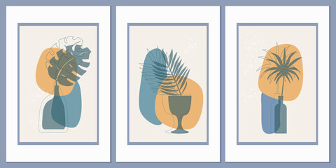 Templates with abstract composition of simple shapes. tropical palm leaves in a vase. Collage style, minimalism. Pastel earthy colors. Vector banners for postcards and covers for social networks
