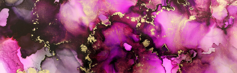 art photography of abstract fluid painting with alcohol ink, pink, purple and gold colors