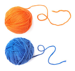 Orange and blue woolen yarns on white background