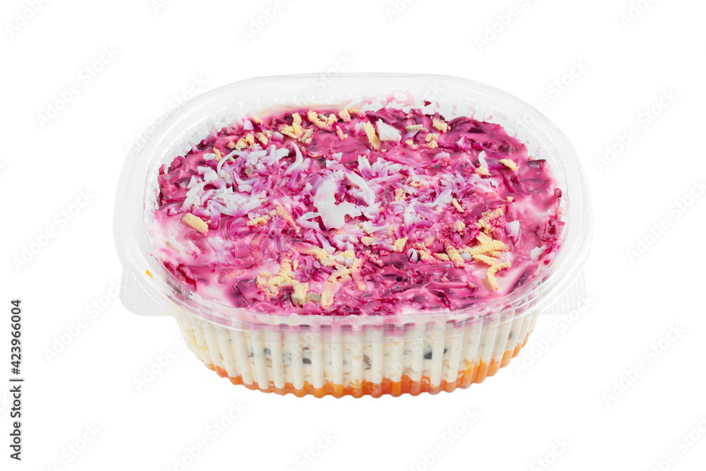 Canvas Prints Russian salad with herring, beet (herring under a fur coat) in a plastic container on an isolated background for the catalog and menu - Canvas Prints