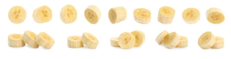 Pieces of tasty ripe banana on white background, collage. Banner design