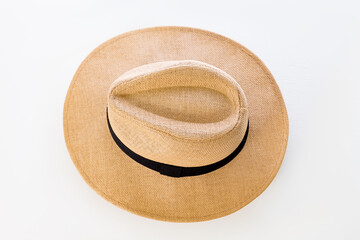 Panama style hat, female model. Top and isolated view on white background.