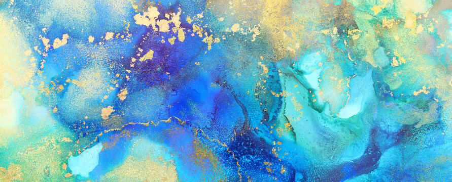 art photography of abstract fluid art painting with alcohol ink, blue, green, yellow and gold colors