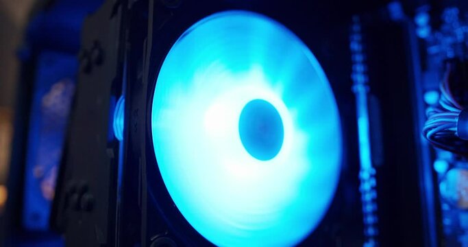 Blue backlight Fan Cooling system CPU in computer case.