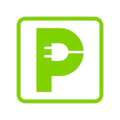 Plug in letter P icon, Green electric vehicle parking sign, Electric car charging point, Parking space for Eco friendly hybrid cars, Vector illustration