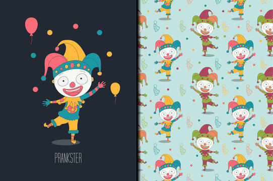 Little Clown Hand Drawn Card And Seamless Pattern