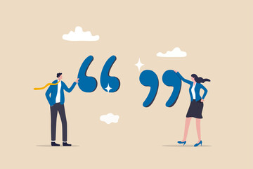 Inspiration quotes to motivate people, business quotation or message to achieve success concept, smart businessman and businesswoman standing with quotation mark sign.