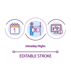 Intraday highs concept icon. Highest price at which security trades on given trading day. Money increasing idea thin line illustration. Vector isolated outline RGB color drawing. Editable stroke